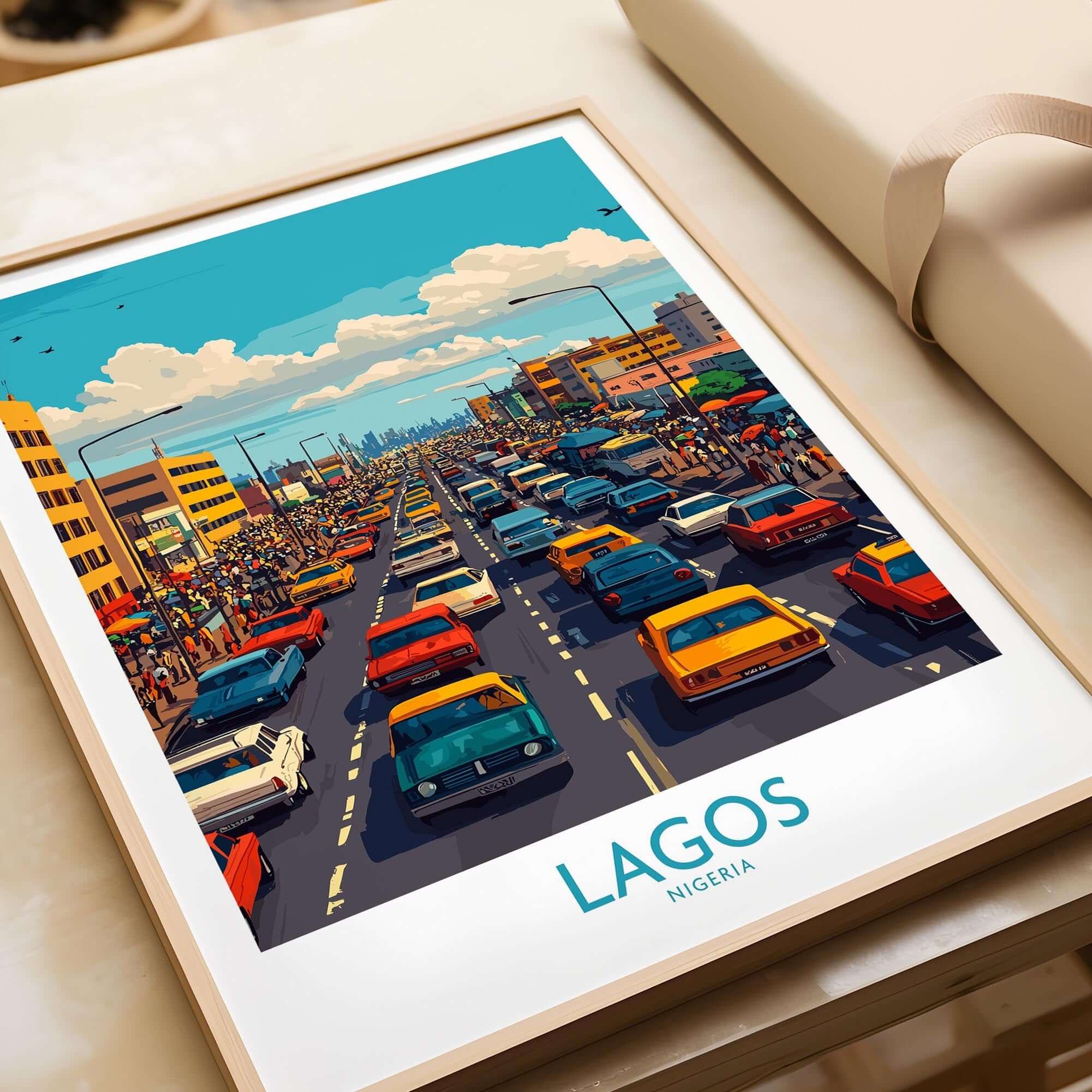 Lagos Poster Nigeria showcasing vibrant city traffic and skyline of Lagos, Nigeria in bold colors and intricate details.