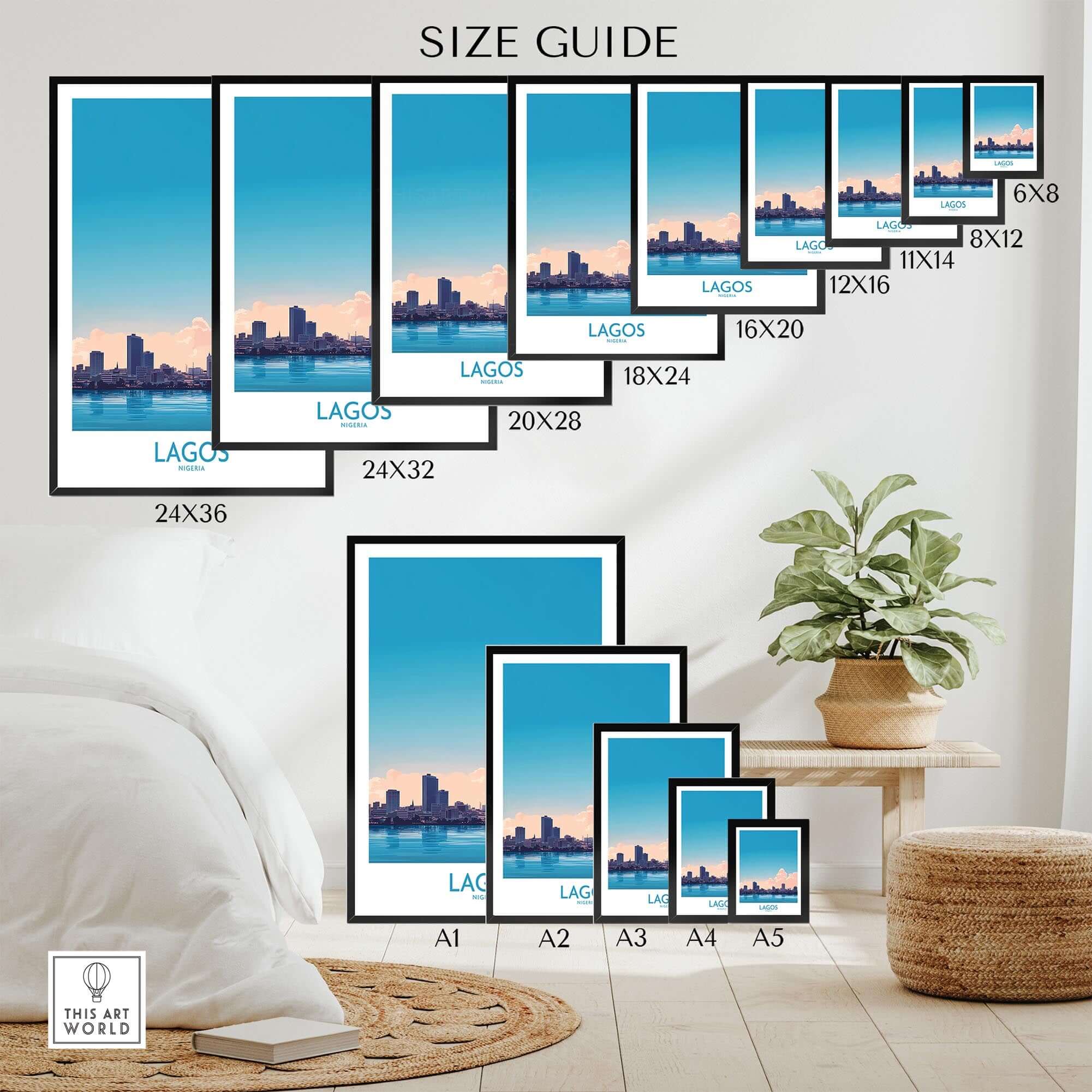 Lagos Print Nigeria size guide with various dimensions displayed on a wall and floor decor, showcasing Lagos skyline.