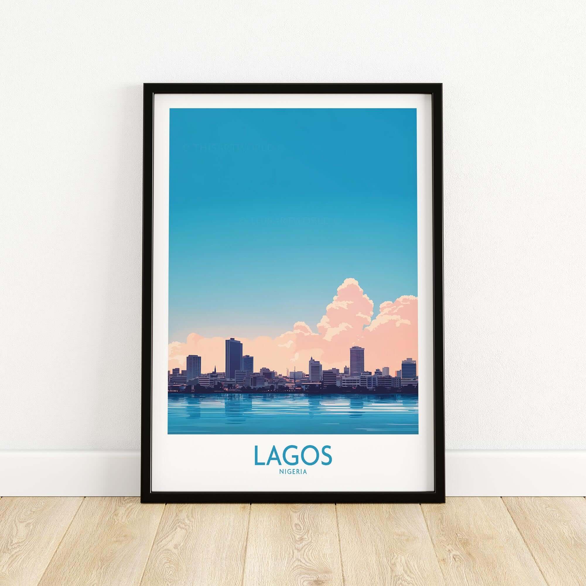 Lagos Print Nigeria showcasing a colorful skyline view of Lagos, Nigeria with vibrant clouds and blue skies.