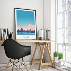 Lagos Print Nigeria displayed in a stylish workspace, showcasing the vibrant skyline of Lagos, Nigeria.