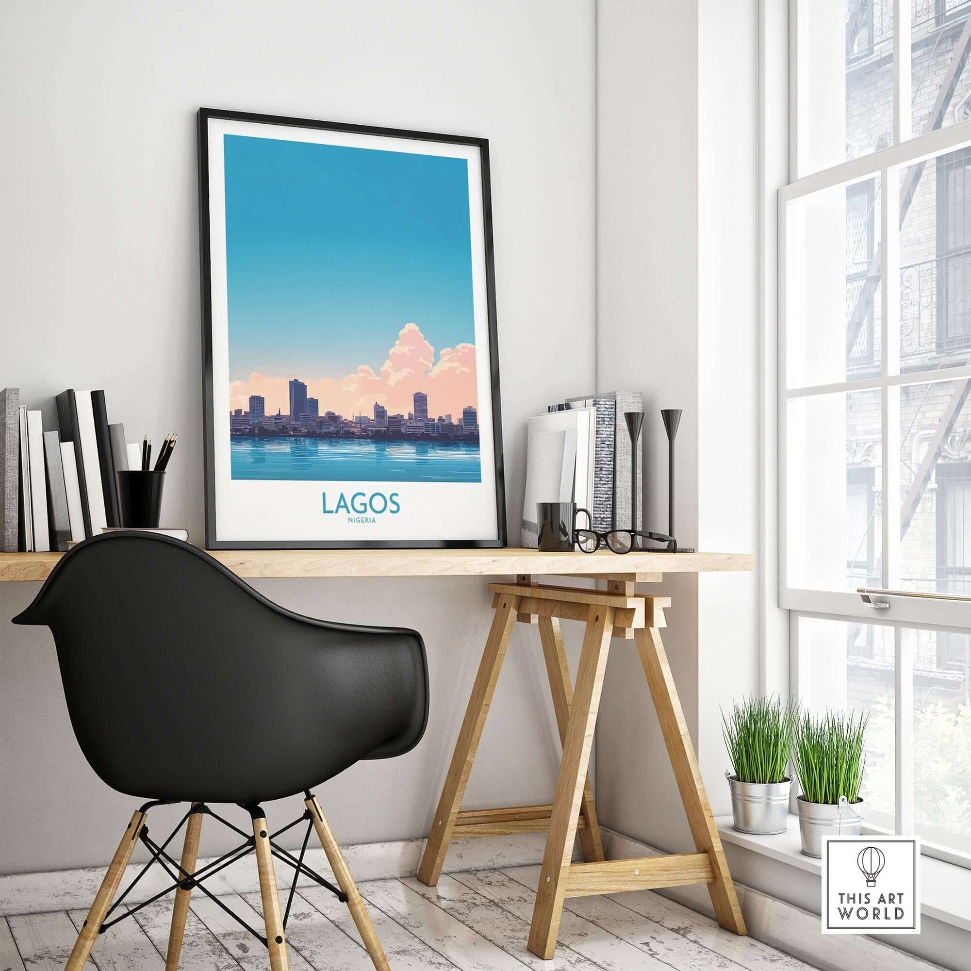Lagos Print Nigeria displayed in a stylish workspace, showcasing the vibrant skyline of Lagos, Nigeria.
