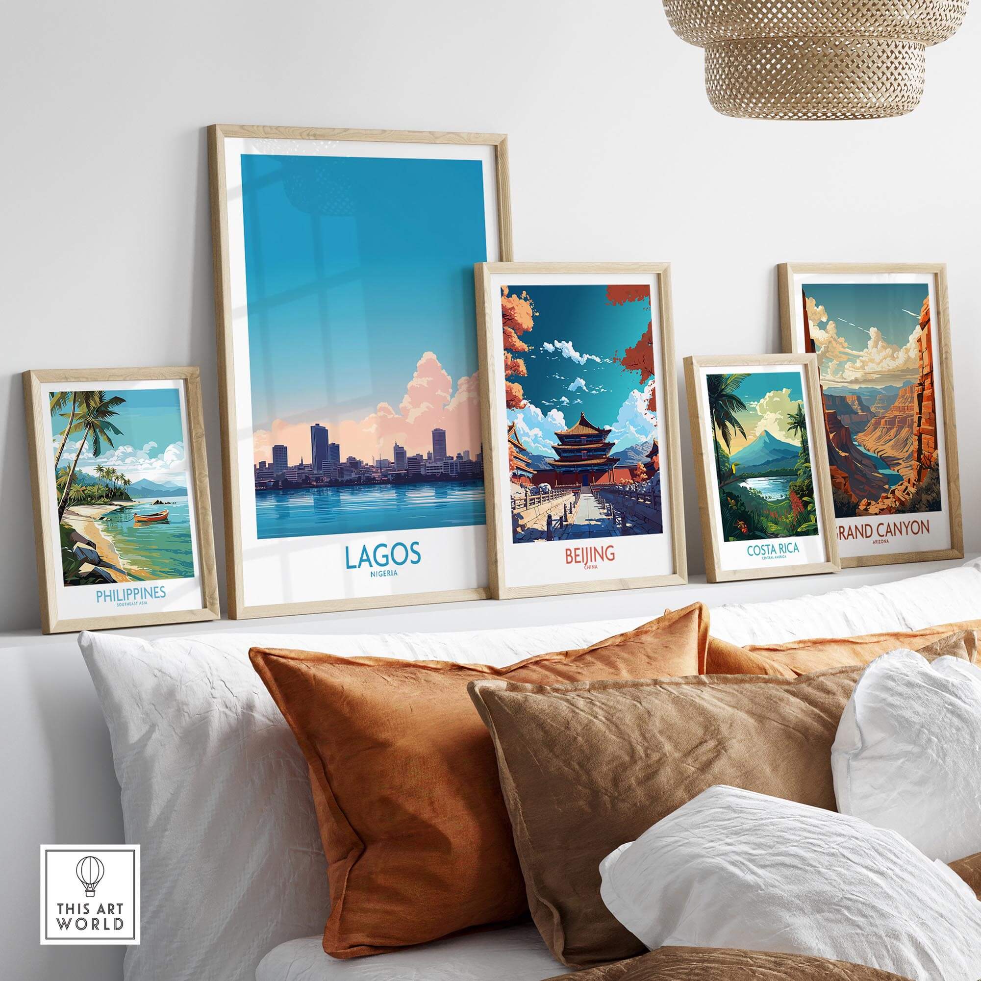 Lagos Print Nigeria showcasing vibrant city skyline among other travel posters in a stylish interior setting.