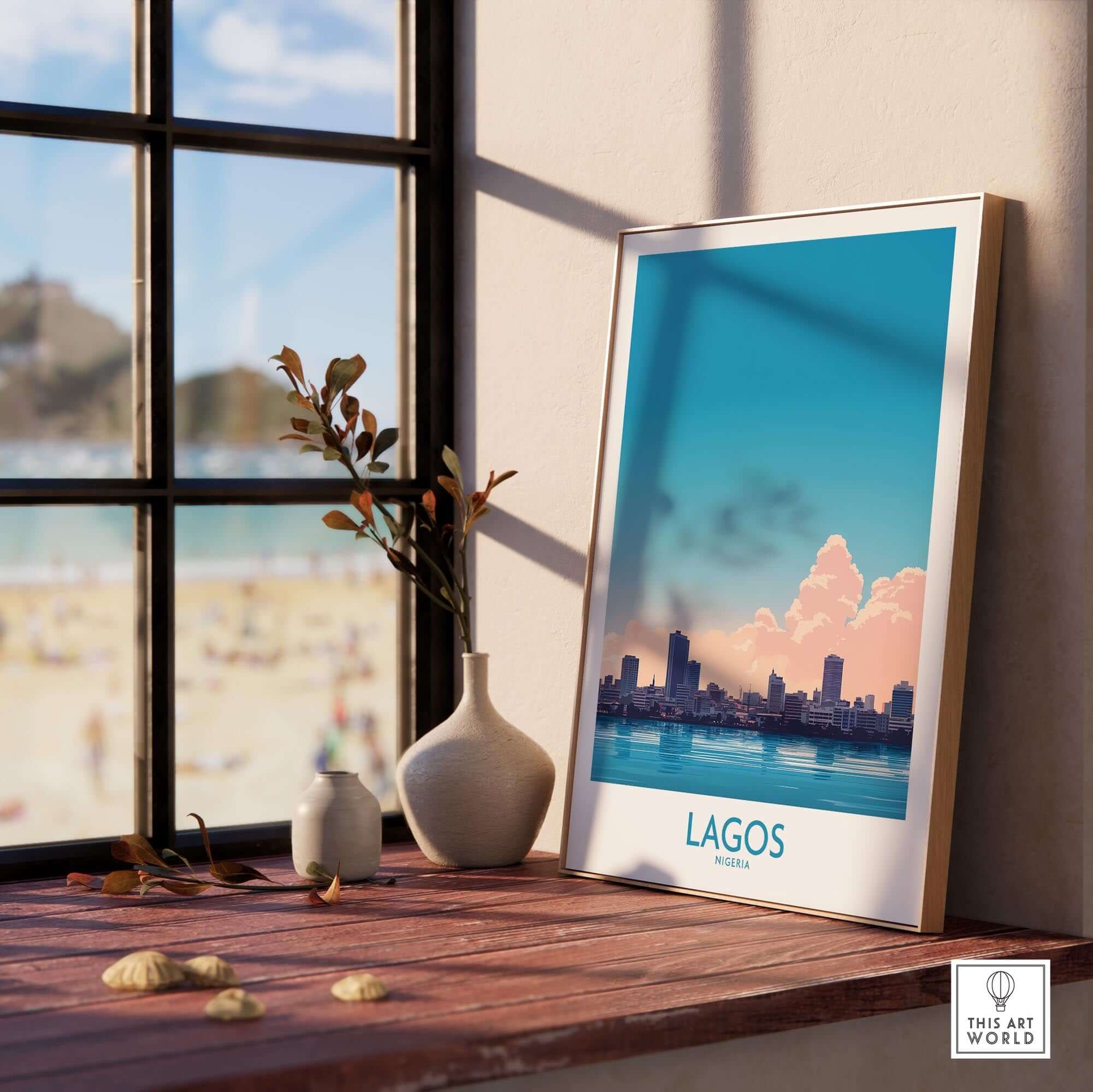 Lagos Print Nigeria displayed in a stylish interior, capturing the vibrant skyline of Lagos, Nigeria.