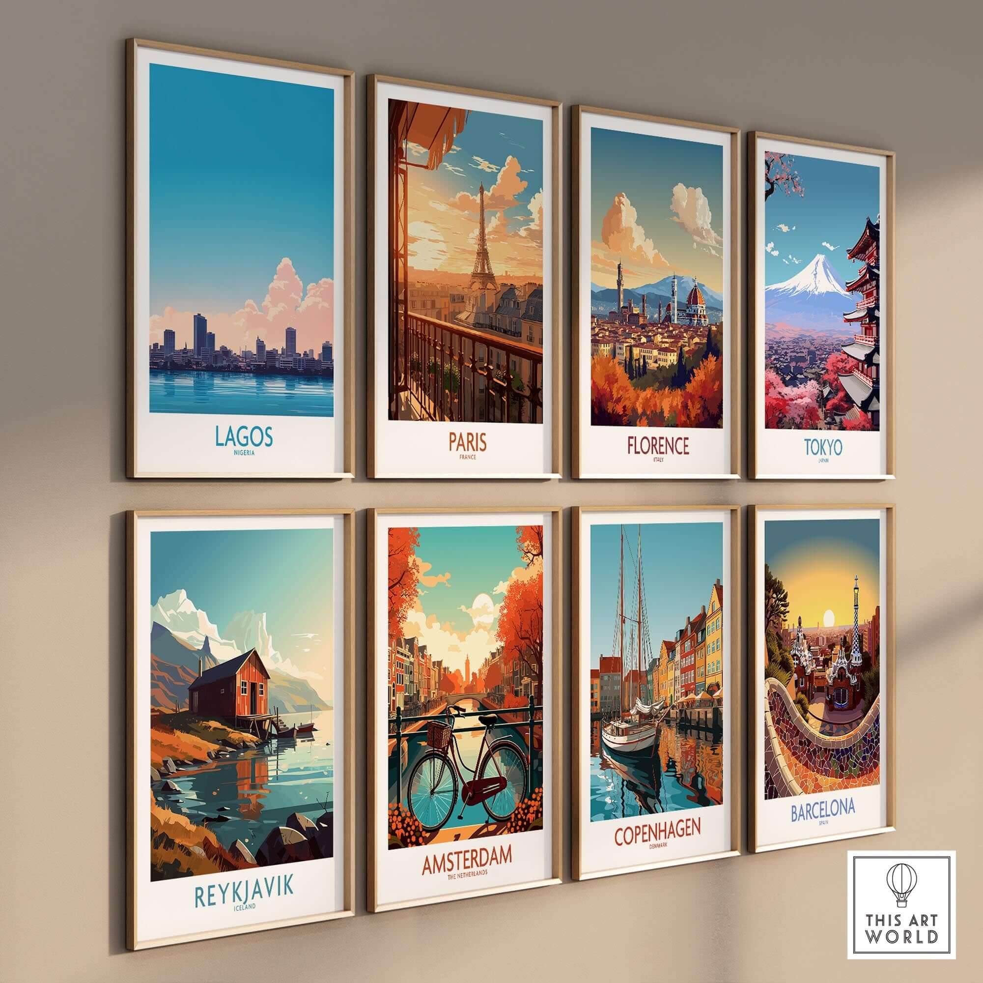 Lagos Print Nigeria city skyline art piece among travel posters of popular cities.