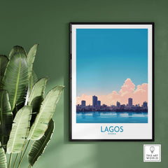 Lagos Print Nigeria showcasing a vibrant city skyline against a blue sky, perfect for home decor inspired by Nigeria.