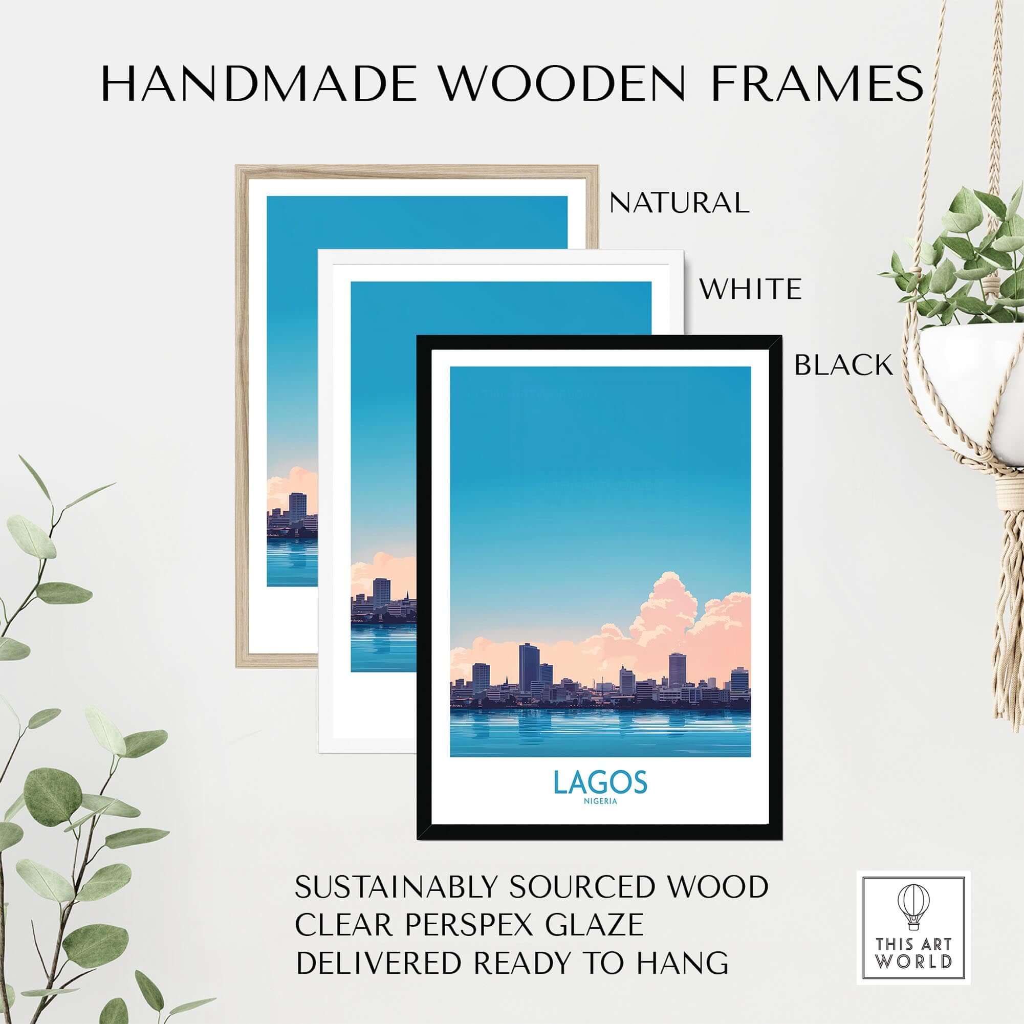Lagos Print Nigeria displayed in handmade wooden frames: natural, white, and black options.