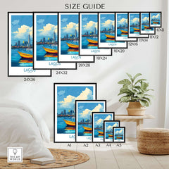 Lagos Travel Poster Nigeria size guide showcasing various print sizes and vibrant artwork of Lagos, Nigeria.