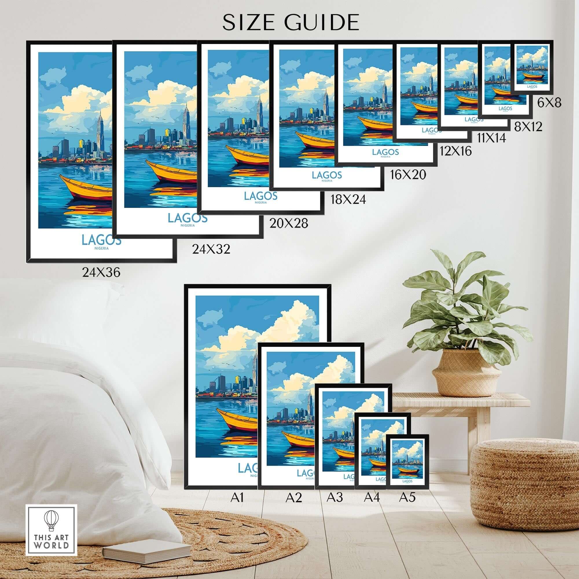 Lagos Travel Poster Nigeria size guide showcasing various print sizes and vibrant artwork of Lagos, Nigeria.