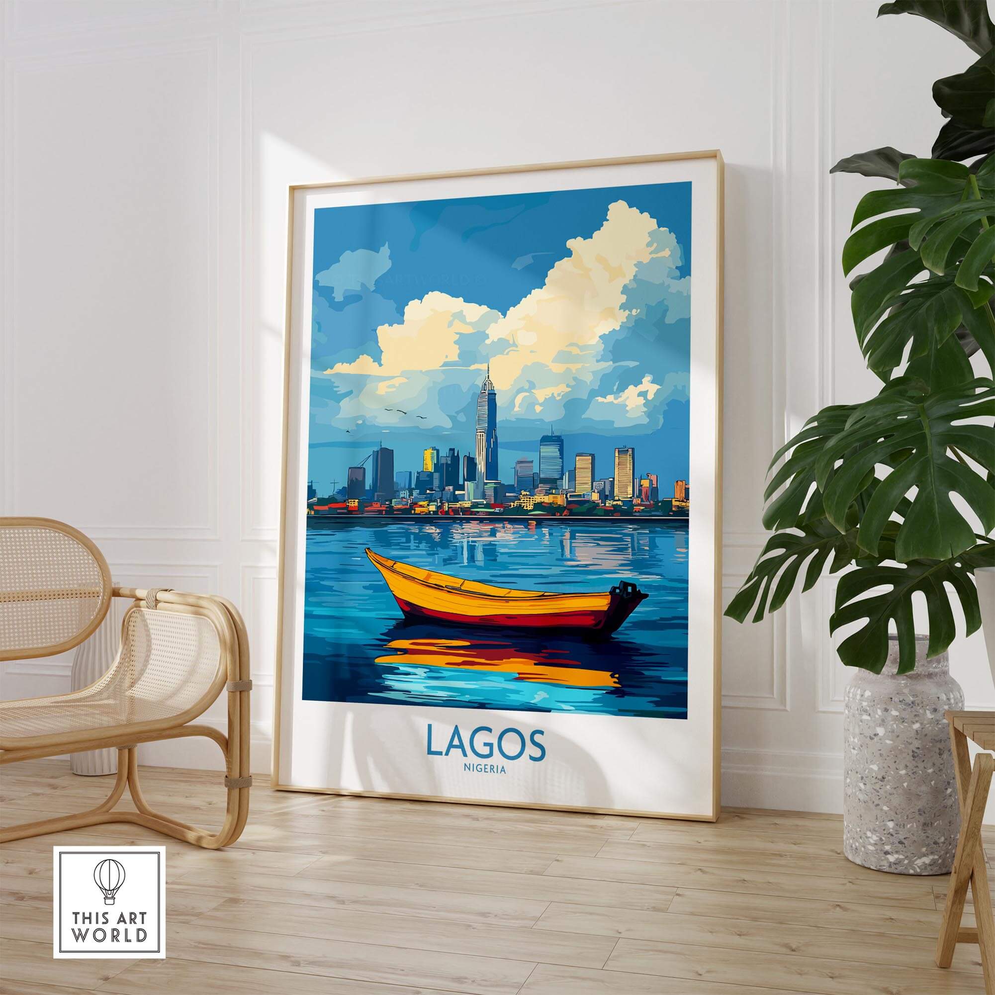 Lagos Travel Poster Nigeria featuring a vibrant cityscape and boat, perfect for home decor and wanderlust inspiration.