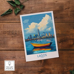 Lagos Travel Poster Nigeria featuring a vibrant cityscape with a boat on water and colorful clouds.