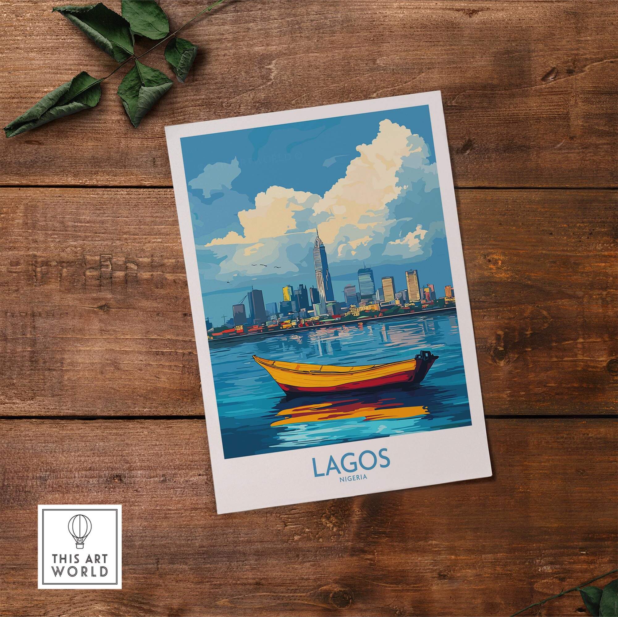 Lagos Travel Poster Nigeria featuring a vibrant cityscape with a boat on water and colorful clouds.