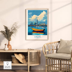 Lagos Travel Poster Nigeria featuring a vibrant view of Lagos skyline and a boat, perfect for home decor.