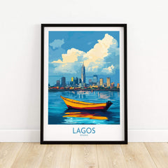 Lagos Travel Poster Nigeria showcasing a colorful boat on water against Lagos skyline.