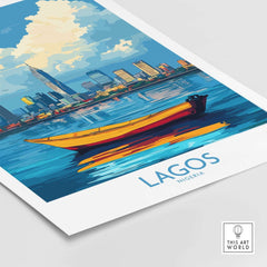 Lagos Travel Poster Nigeria featuring a vibrant city skyline and boat on water with blue skies.