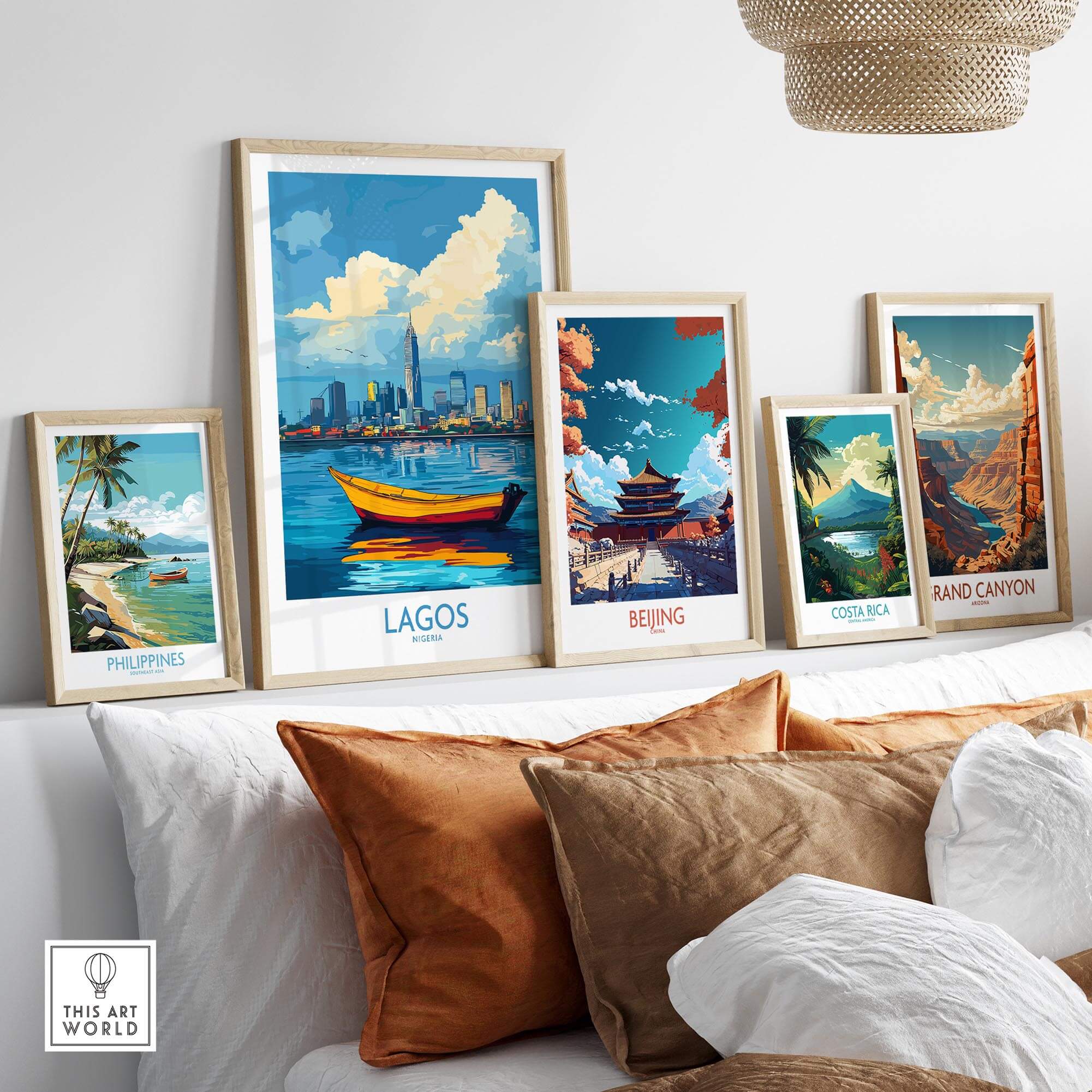 Lagos Travel Poster Nigeria displayed among other travel posters in a stylish home decor setting.