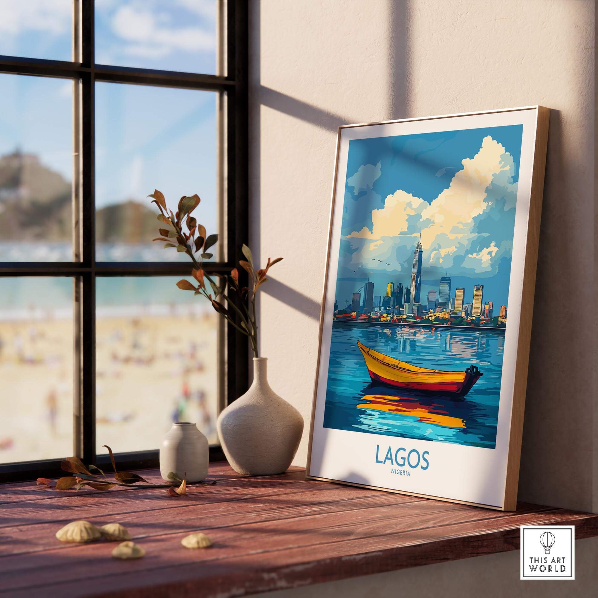 Lagos Travel Poster Nigeria displayed on a wooden table by a window, capturing the vibrant essence of Lagos, Nigeria.