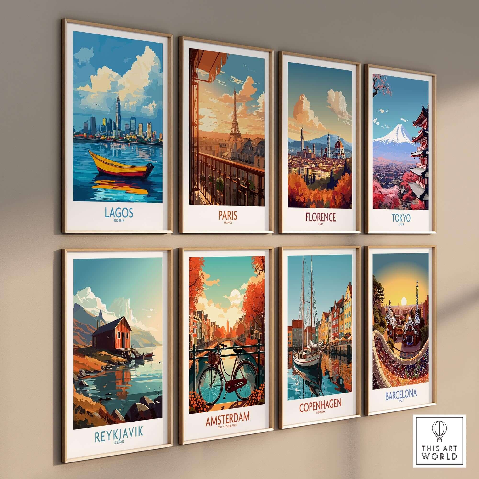 Lagos Travel Poster Nigeria displayed among other city travel posters, showcasing vibrant artwork of popular destinations.