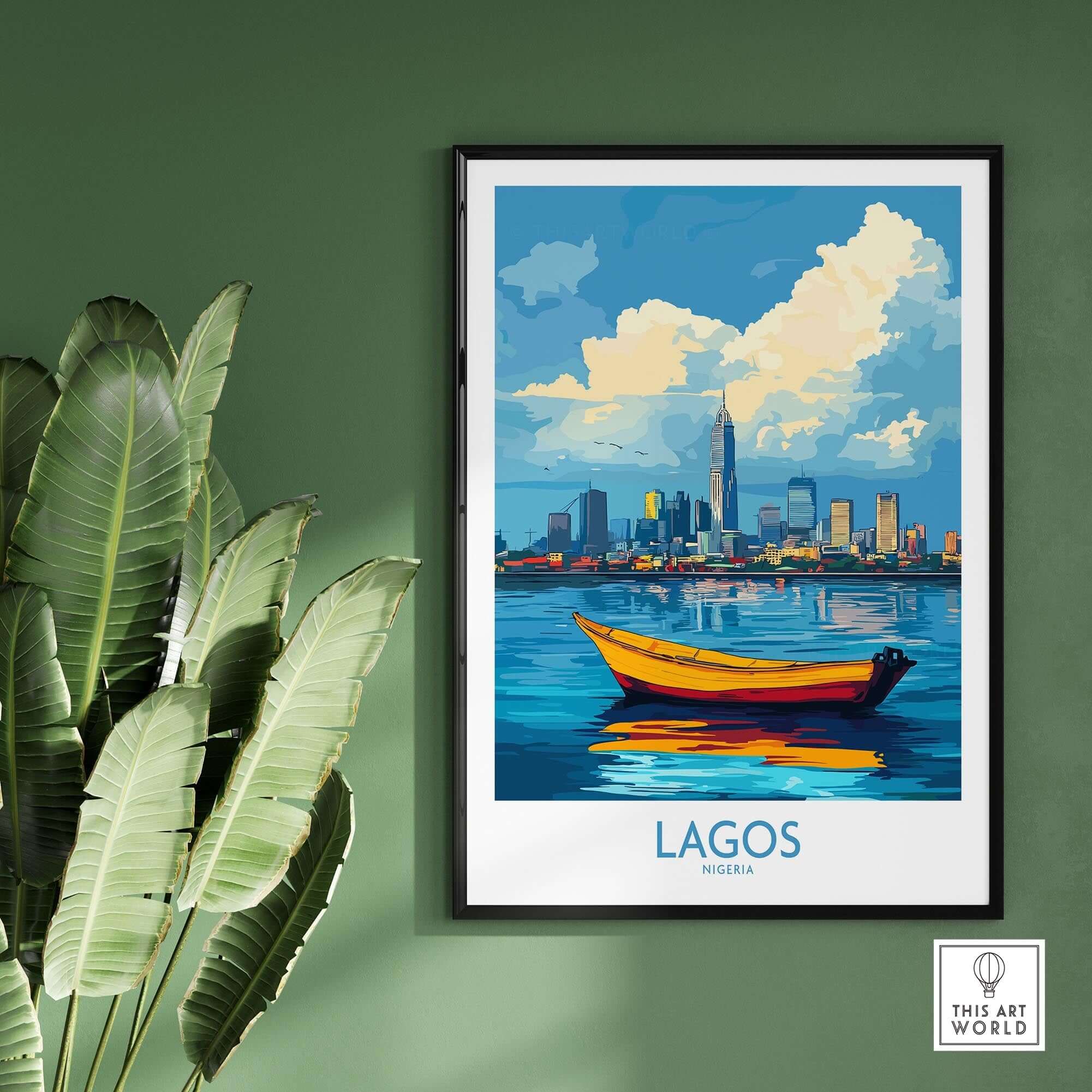 Lagos Travel Poster Nigeria showcasing the skyline and colorful boat, vibrant African wall art for home decor.