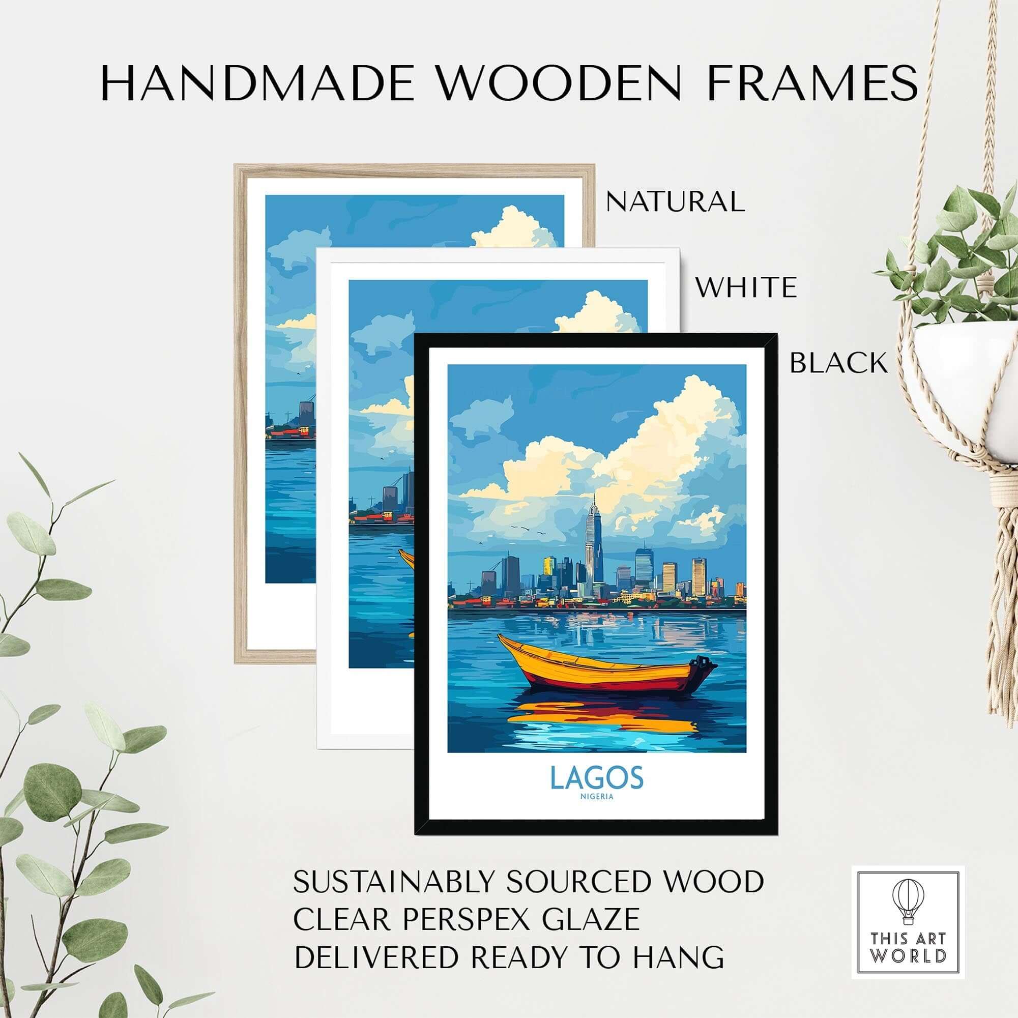 Lagos Travel Poster Nigeria displayed in handmade wooden frames: natural, white, and black options.