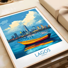 Lagos Travel Poster Nigeria showcasing a vibrant boat and city skyline in an artistic design.