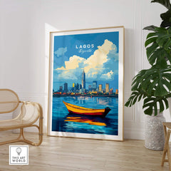 Lagos Travel Print Nigeria showcasing a vibrant cityscape with a boat in water, perfect for art enthusiasts and travelers.