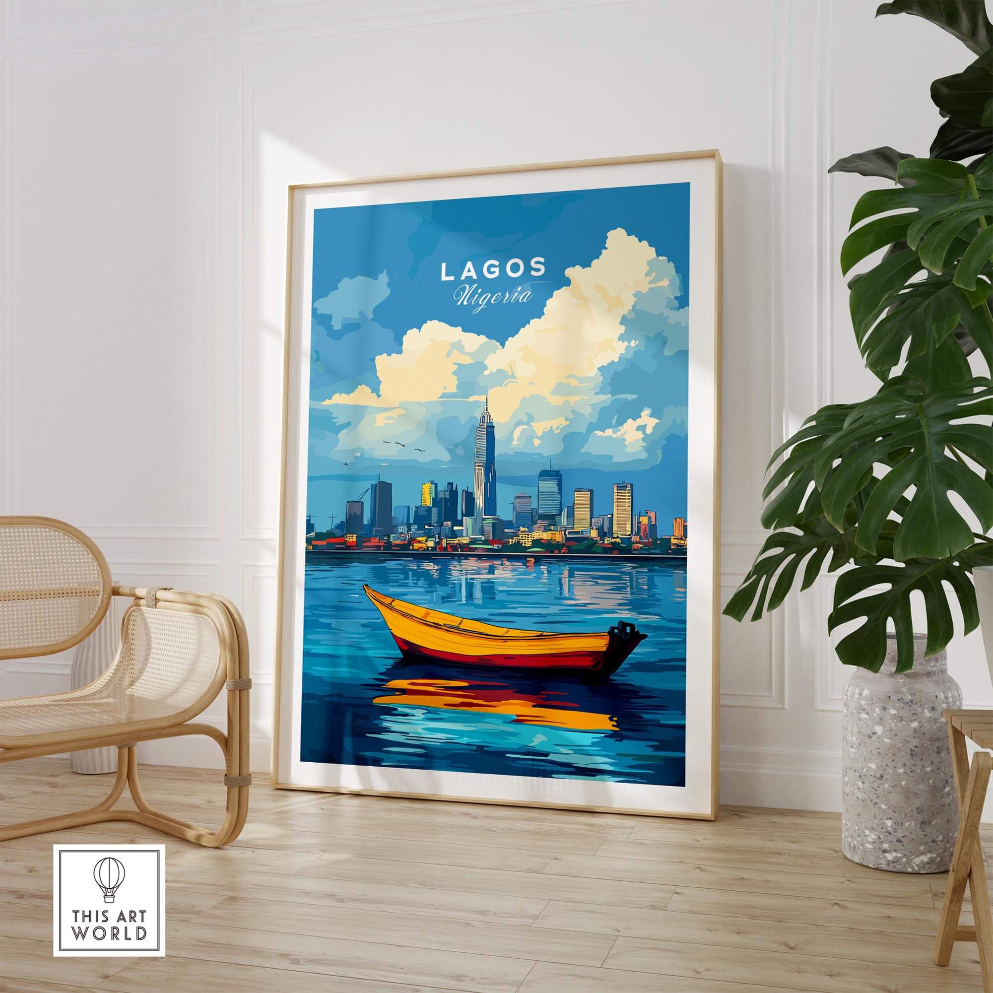 Lagos Travel Print Nigeria showcasing a vibrant cityscape with a boat in water, perfect for art enthusiasts and travelers.