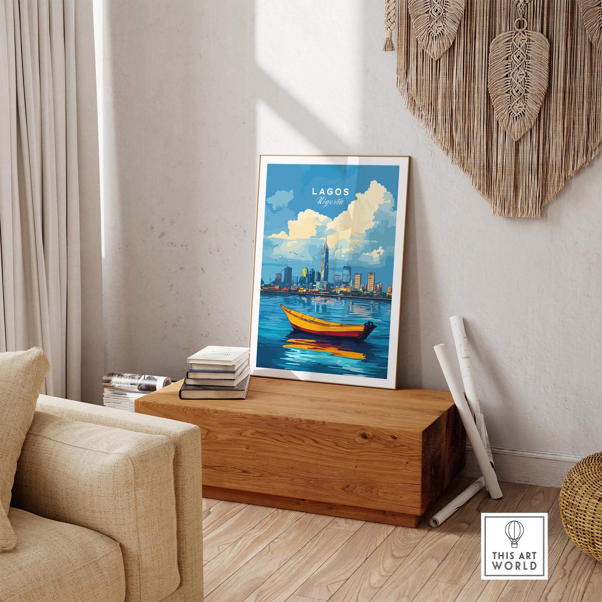 Lagos Travel Print Nigeria showcasing vibrant Lagos skyline with a boat, perfect for art lovers.