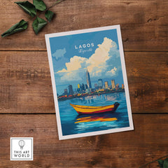Lagos Travel Print Nigeria depicting a vibrant skyline and boat on water, showcasing the beauty of Lagos, Nigeria.