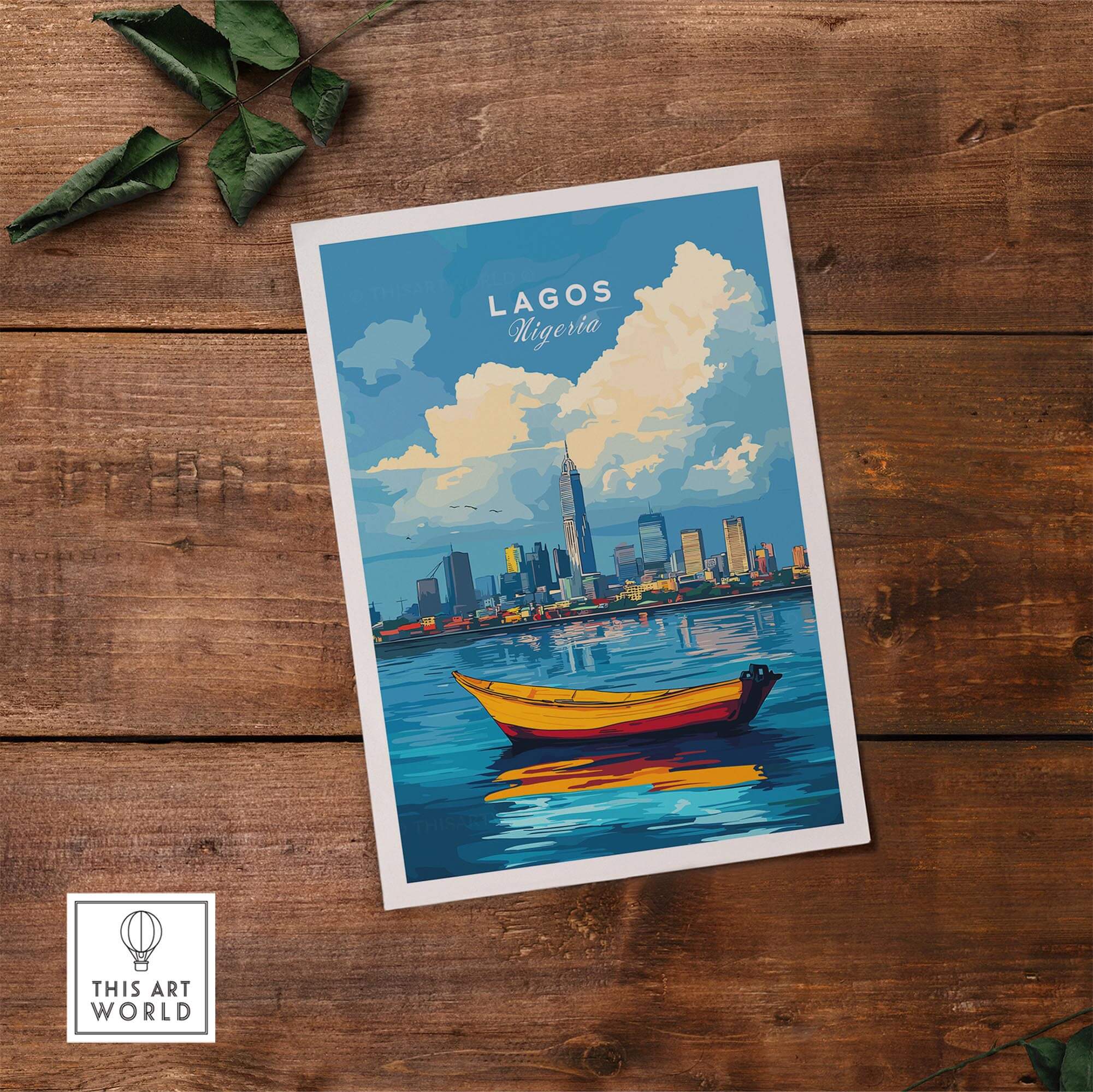 Lagos Travel Print Nigeria depicting a vibrant skyline and boat on water, showcasing the beauty of Lagos, Nigeria.