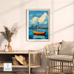 Lagos Travel Print Nigeria showcasing vibrant scenes of Lagos with a boat and skyline, perfect for art lovers.