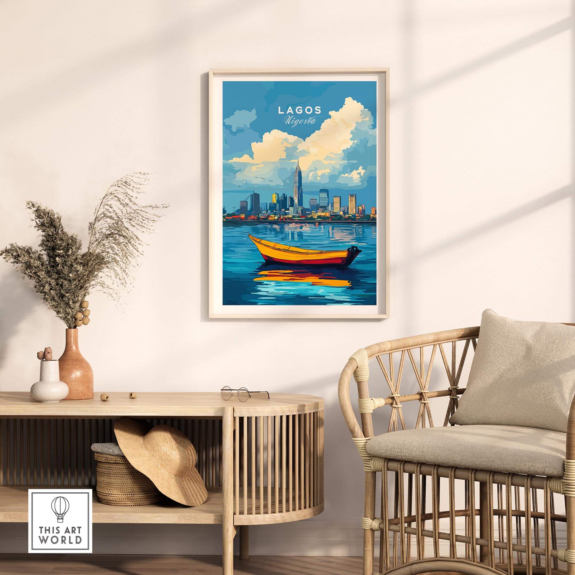 Lagos Travel Print Nigeria showcasing vibrant scenes of Lagos with a boat and skyline, perfect for art lovers.