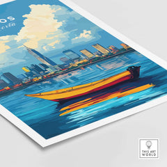 Lagos Travel Print Nigeria showcasing colorful views of Lagos with a boat on the water and city skyline in background.