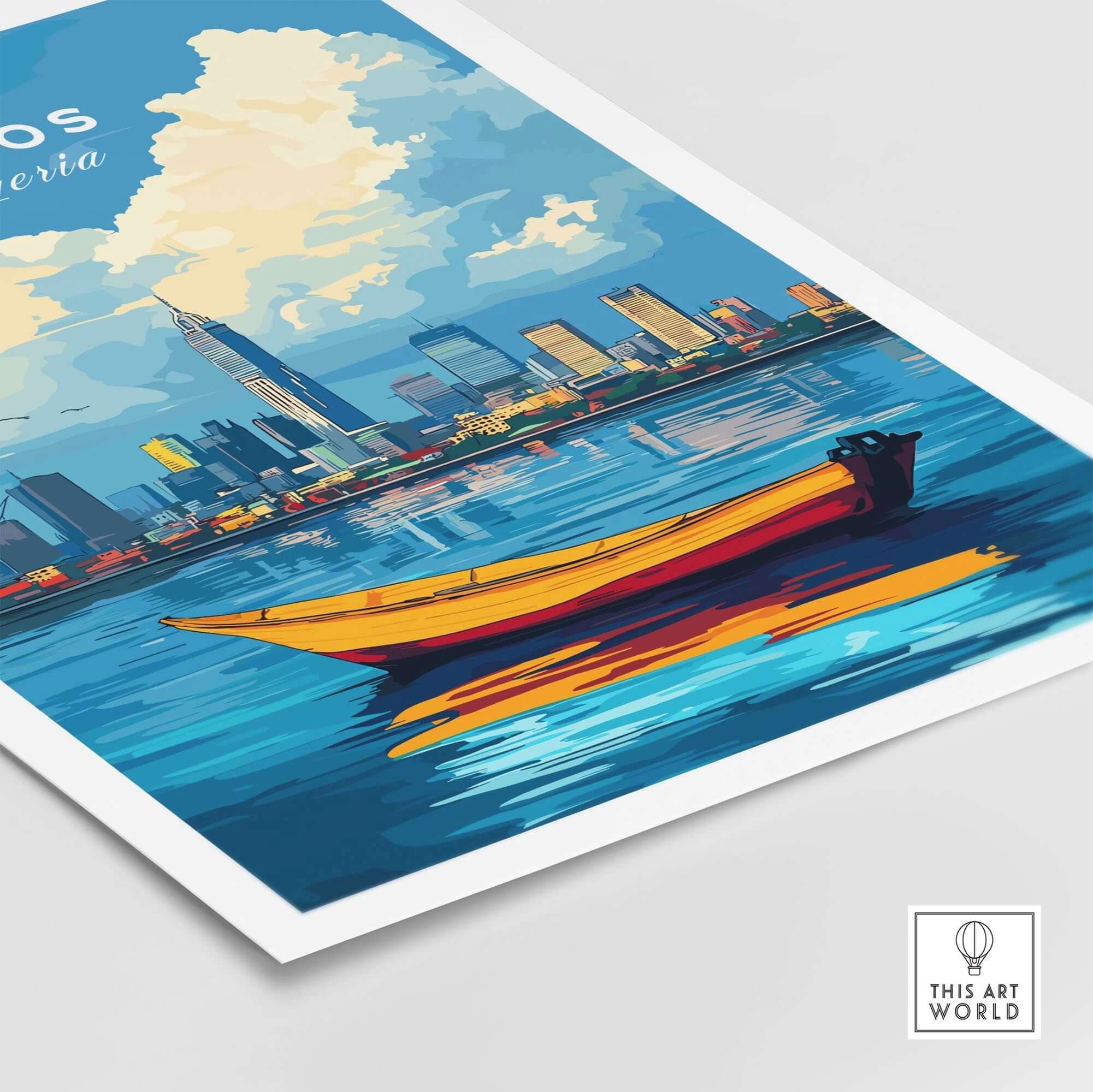 Lagos Travel Print Nigeria showcasing colorful views of Lagos with a boat on the water and city skyline in background.
