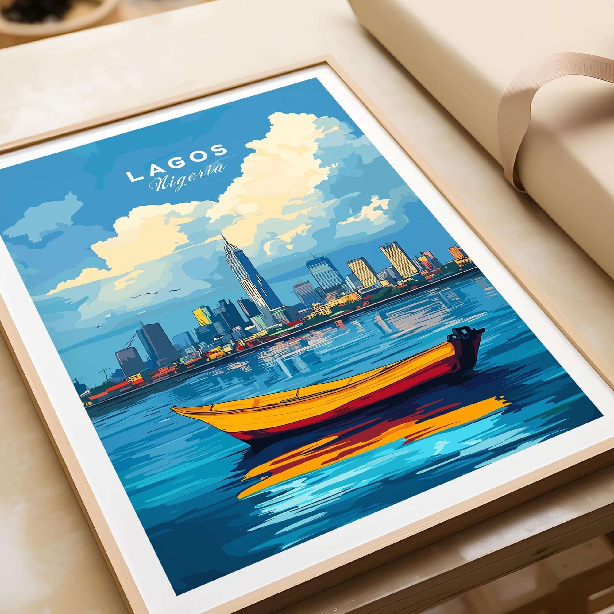Lagos Travel Print Nigeria featuring a vibrant cityscape and boat, capturing the essence of Lagos, Nigeria.