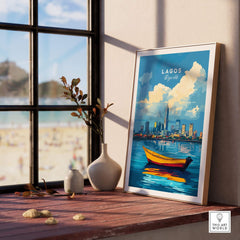 Lagos Travel Print Nigeria showcasing a colorful waterfront scene and skyline view, perfect for art enthusiasts.
