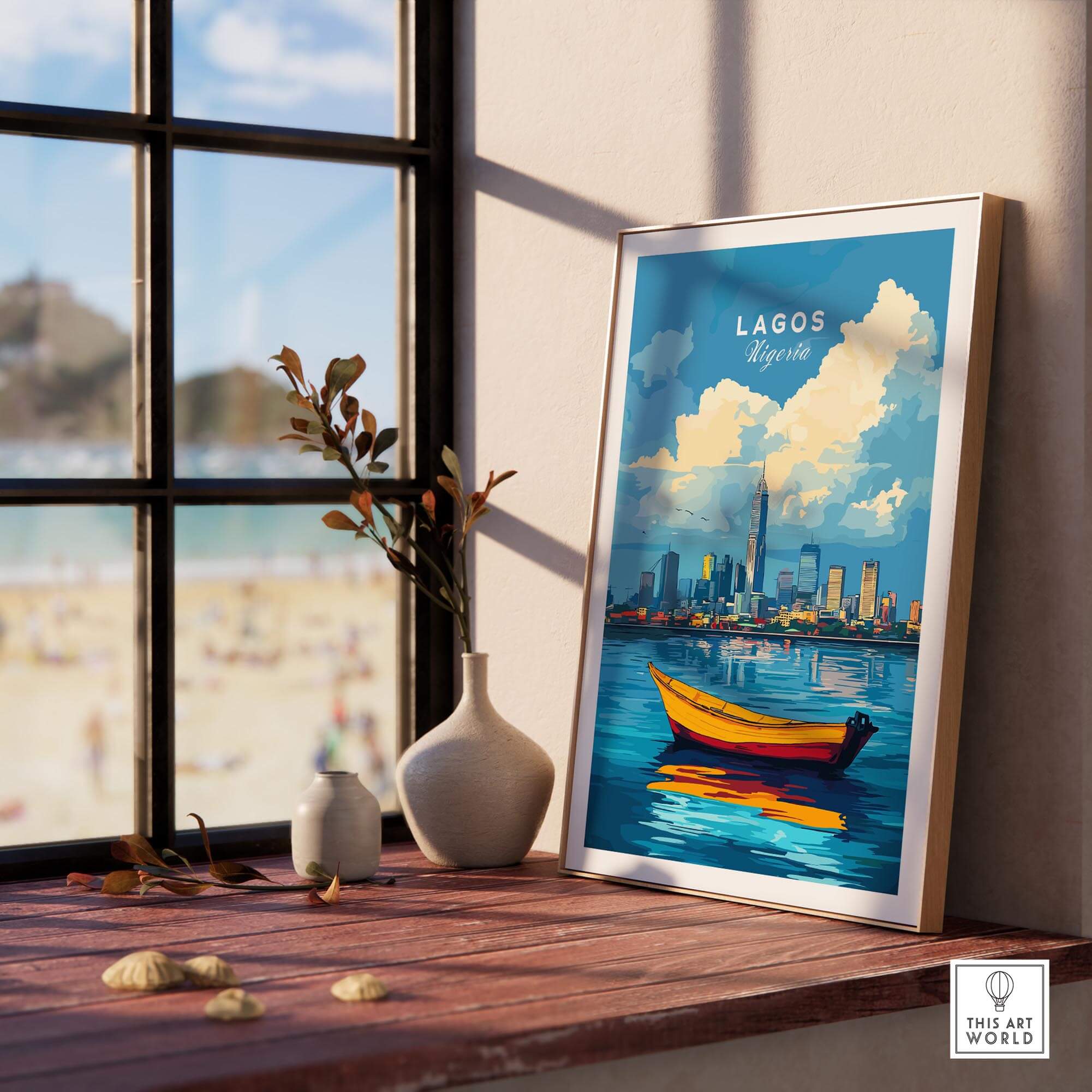 Lagos Travel Print Nigeria showcasing a colorful waterfront scene and skyline view, perfect for art enthusiasts.
