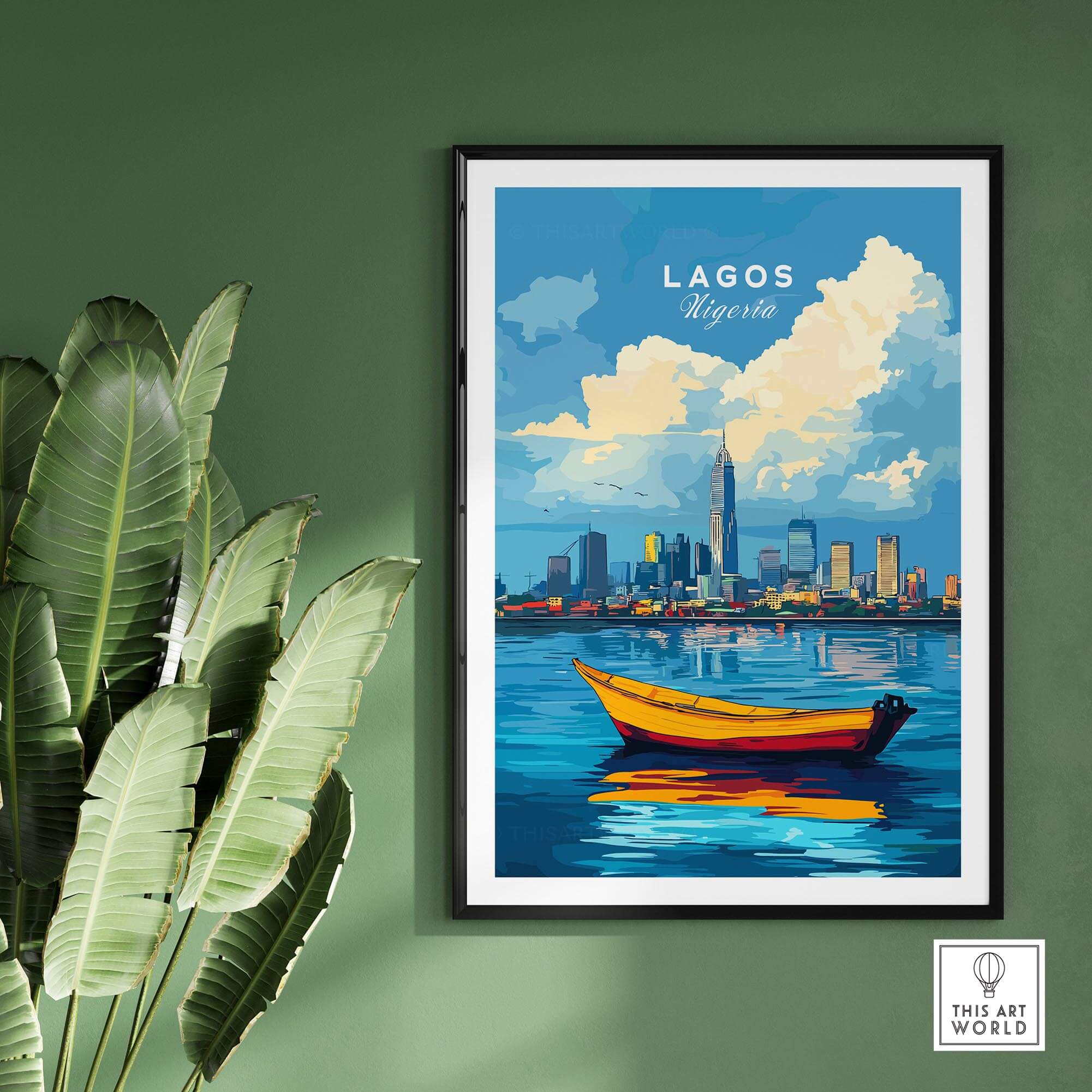 Lagos Travel Print Nigeria showcasing vibrant scenes of Lagos with a boat and city skyline.