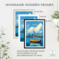 Lagos Travel Print Nigeria framed in handmade wooden frames in natural, white, and black options.
