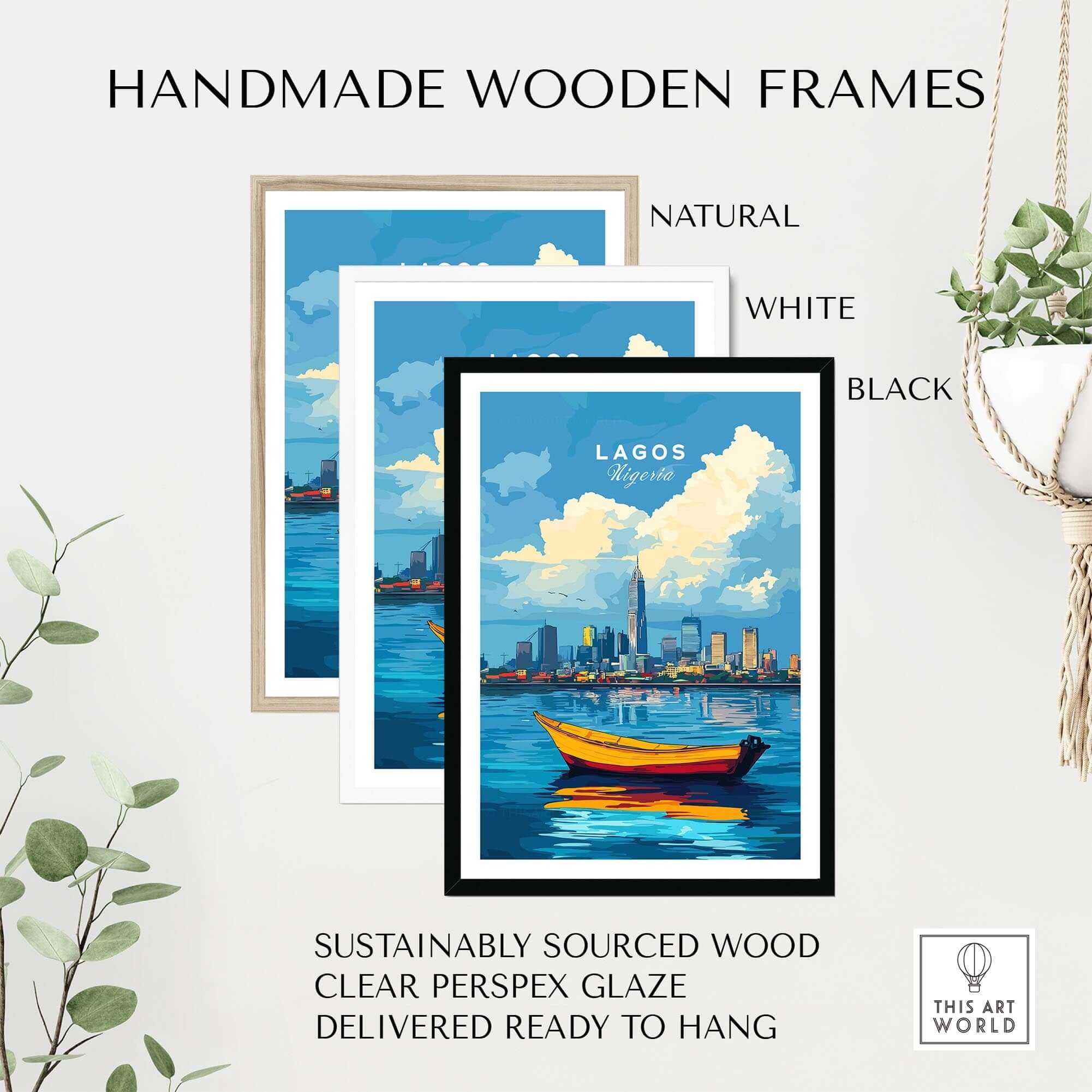 Lagos Travel Print Nigeria framed in handmade wooden frames in natural, white, and black options.