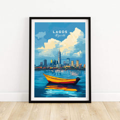 Lagos Travel Print Nigeria featuring vibrant scenes of Lagos, Nigeria with a colorful boat and skyline.