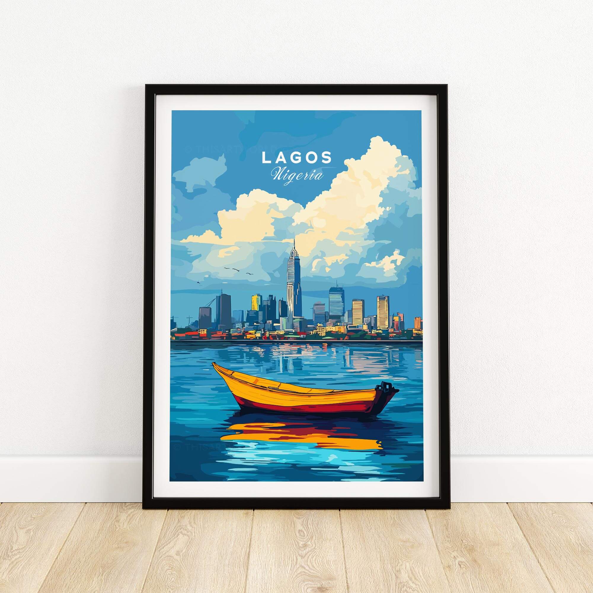 Lagos Travel Print Nigeria featuring vibrant scenes of Lagos, Nigeria with a colorful boat and skyline.