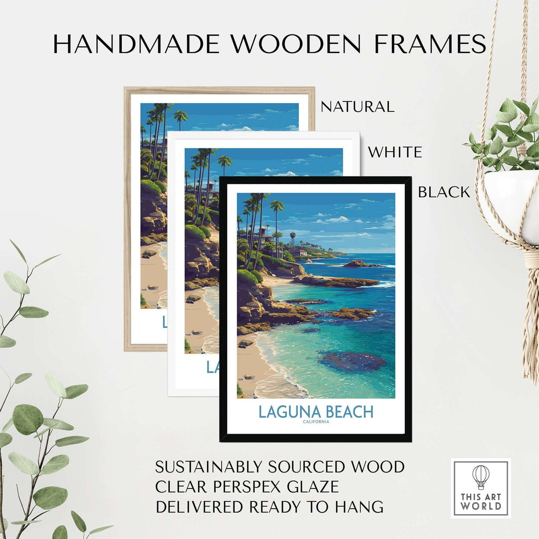 Handmade wooden frames for Laguna Beach California Turquoise Water Art Print | Clear Sea Travel Poster in various colors.