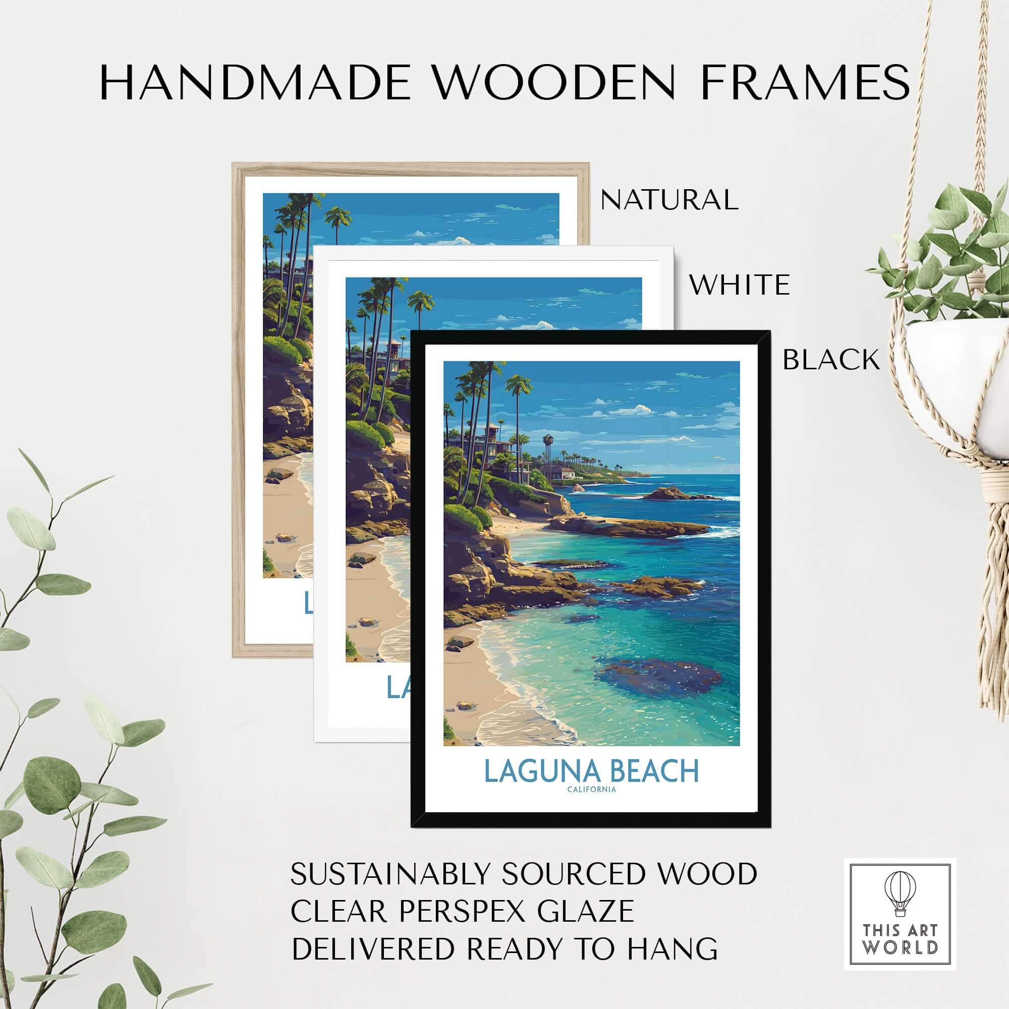 Handmade wooden frames for Laguna Beach California Turquoise Water Art Print | Clear Sea Travel Poster, sustainably sourced wood.