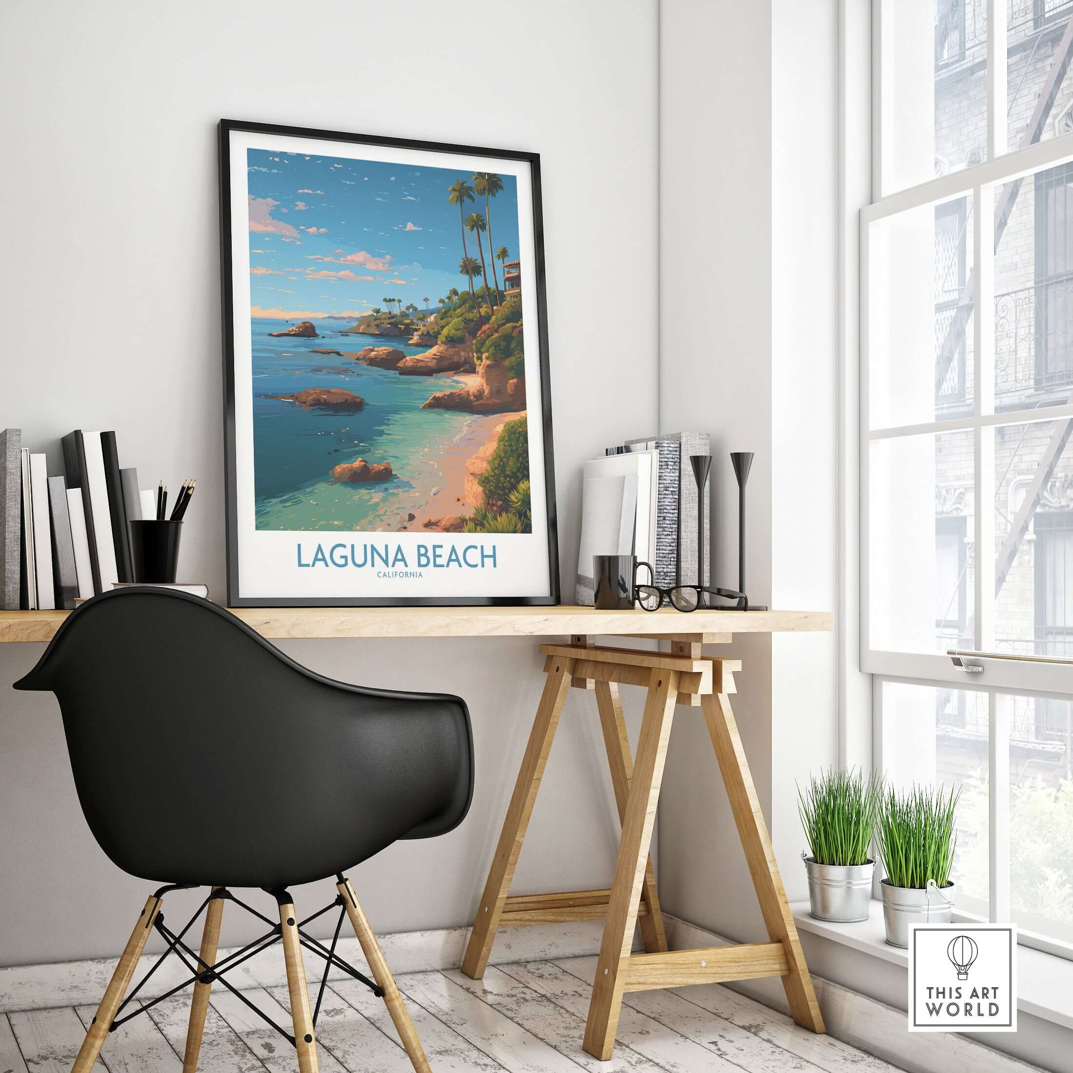 Laguna Beach California Coastal Cliff Art Print | Palm Tree Seascape Poster displayed in a modern workspace.