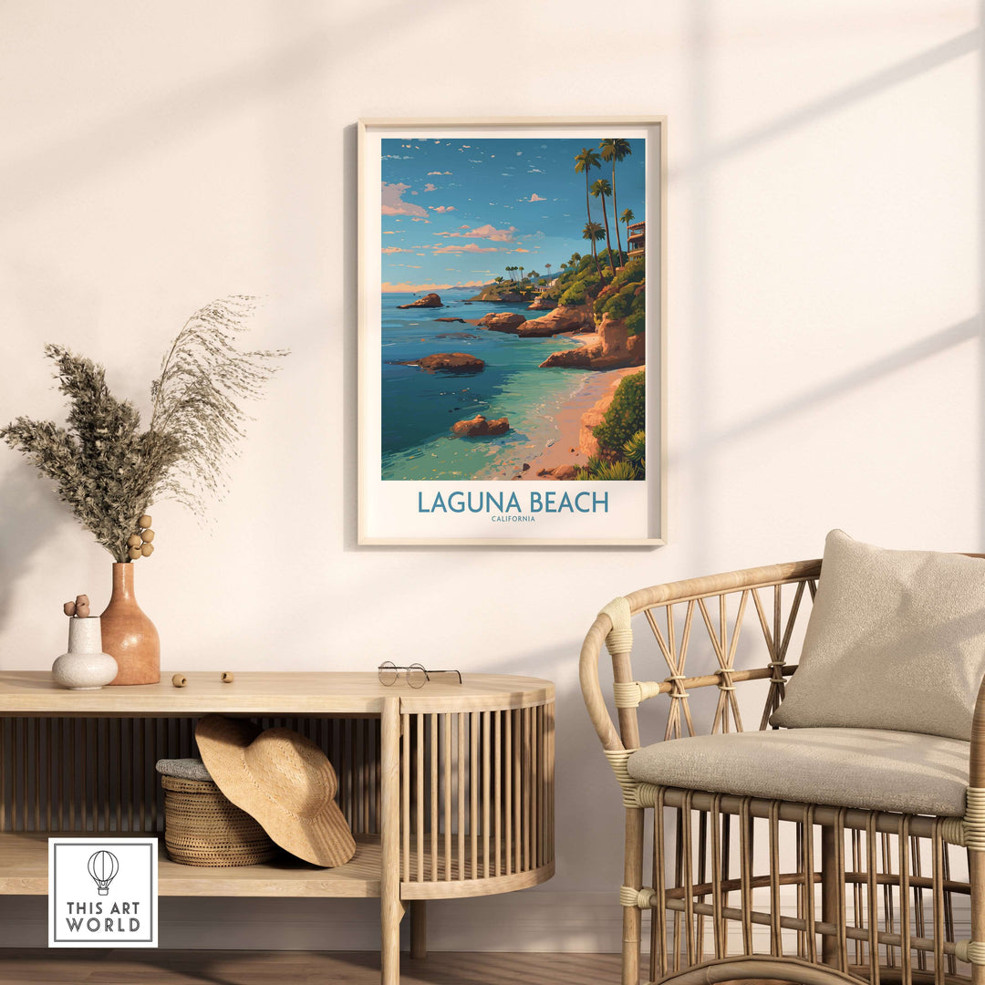 Laguna Beach California Coastal Cliff Art Print | Palm Tree Seascape Poster displayed in a modern living room.
