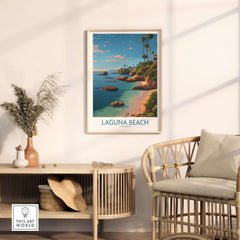 Laguna Beach California Coastal Cliff Art Print | Palm Tree Seascape Poster displayed in a stylish home setting.
