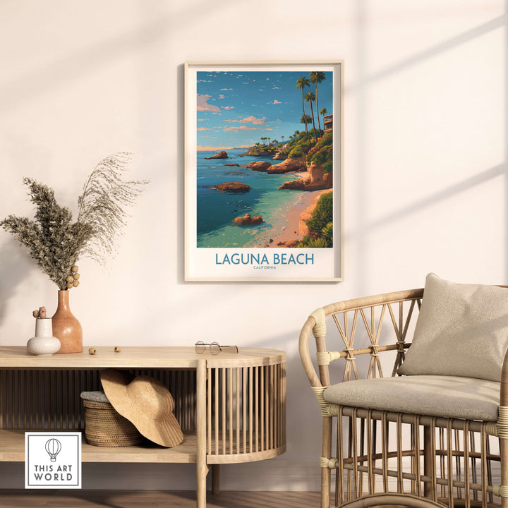 Laguna Beach California Coastal Cliff Art Print | Palm Tree Seascape Poster displayed in a modern living room.