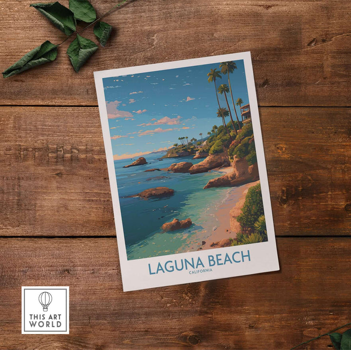 Laguna Beach California Coastal Cliff Art Print | Palm Tree Seascape Poster on wooden surface with greenery