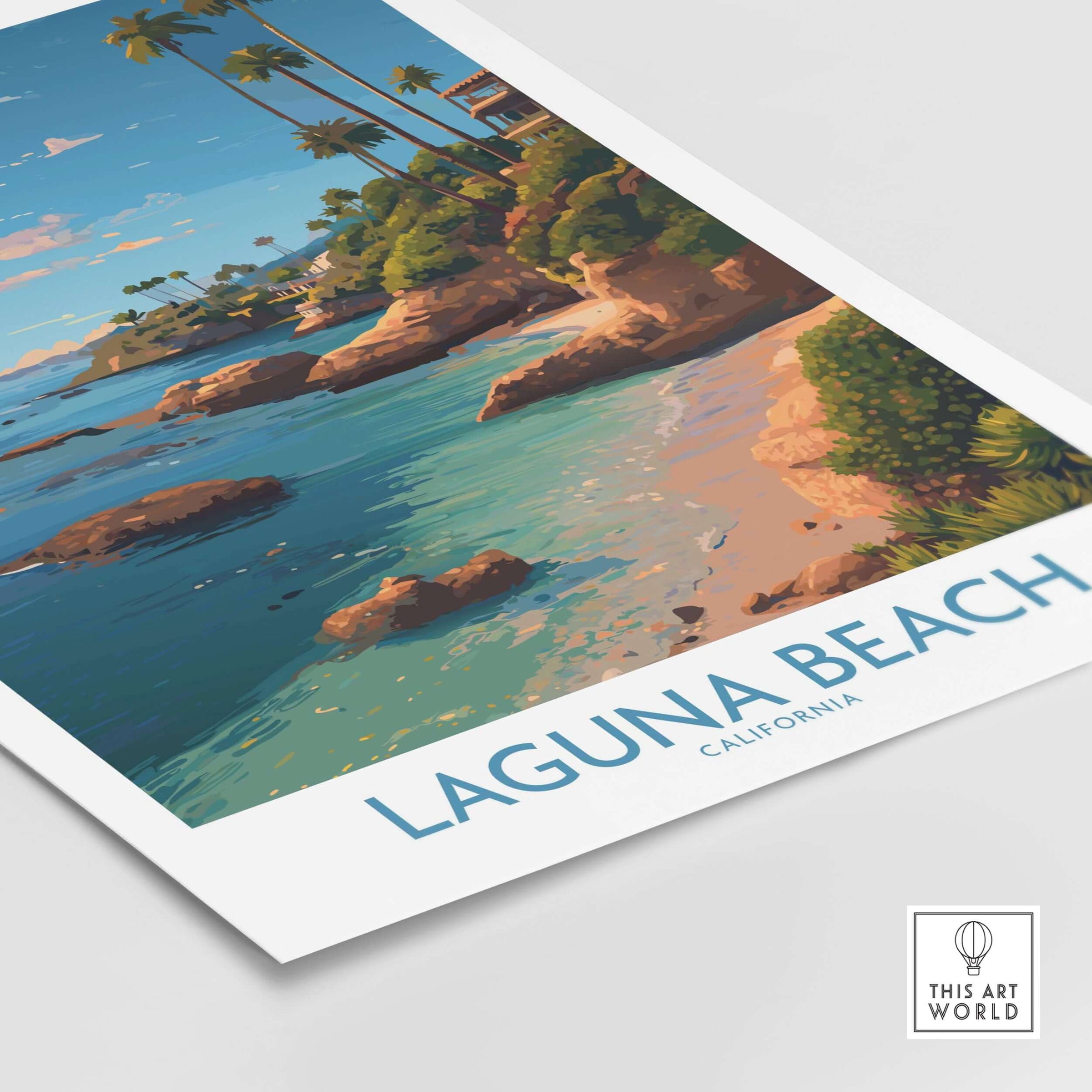 Laguna Beach California Coastal Cliff Art Print | Palm Tree Seascape Poster showcasing vibrant coastal scenery.