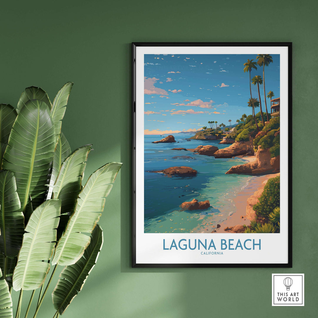Laguna Beach California Coastal Cliff Art Print | Palm Tree Seascape Poster hanging on wall with tropical plants.